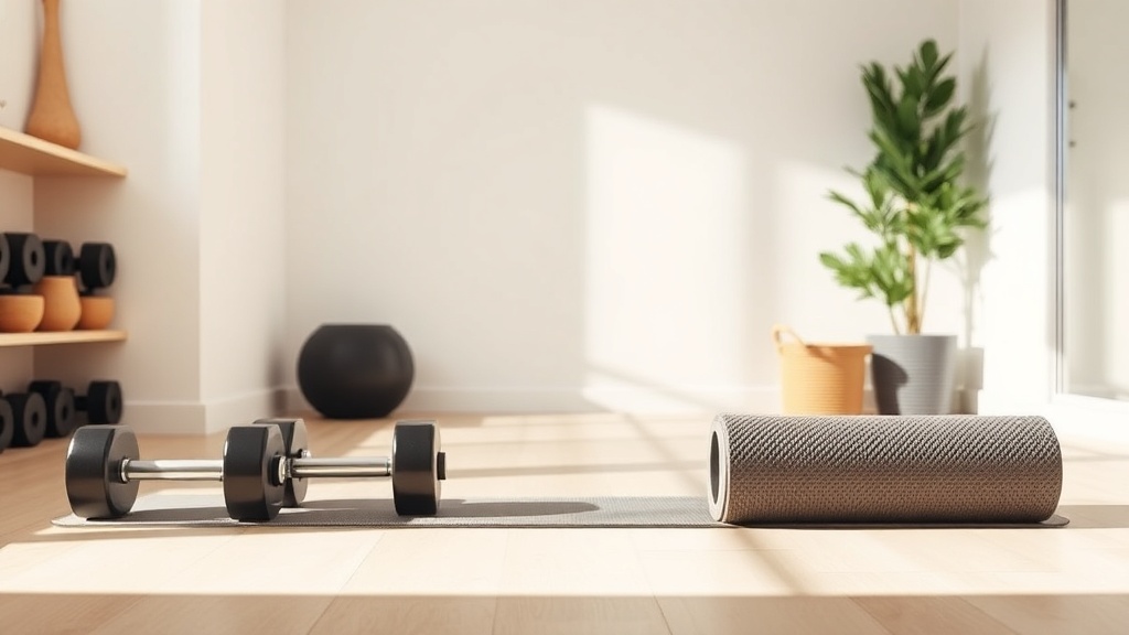 홈트레이닝 환경에서 덤벨과 요가 매트가 배치되어 체계적인 운동 준비가 완료된 모습